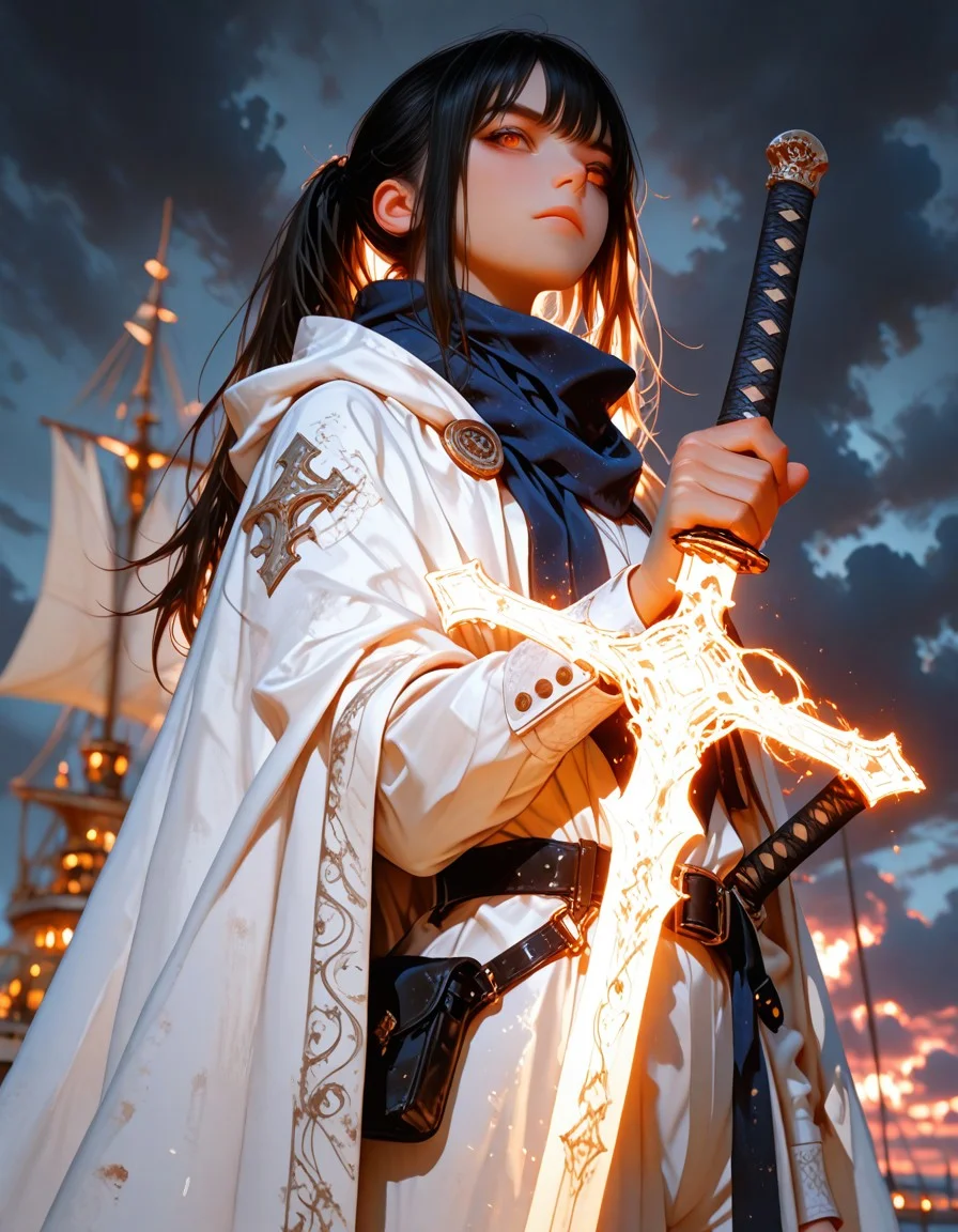 masterpiece, ultra-HD, photorealistic, impressionism, high detail, depth of field, dynamic lighting, best quality, very aesthetic, 8k, best quality, masterpiece, best quality, absurdres, newest, very aesthetic, detailed face, detailed character, detailed clothes, detailed background, detailed light, detailed shadows,
1girl, human, light skin, black long hair, ponytail, tall body, tall hand, asian face, (brown eyes), ((monochrome creamy clothes, long dark-blue scarf, white cloak, white tuxedo, black belt)), katana, serious expression, drama light, drama shadows, good construction weapon, sail ship background, dark clouds background, small bag on belt, stand on ship, white sclera, ((dynamic battle poses, dynamic angle)),
HDR, 8K, high contrast, , very aesthetic, high resolution, ultra-detailed, absurdres, perfect lighting, ((photorealistic)), Depth of field, volumetric lighting, dramatic shadows, cinematic lighting, (sharp image), safe, BREAK, scenery, realistic/anime, (perfect anatomy, perfect hand anatomy, perfect face anatomy, perfect eyes anatomy, perfect mouth anatomy), perfect lighting, (sharp image), (dynamic poses), perfect anatomy, Focus face, <lora:02c9686b-b6c4-41a0-82e9-287881257ea4:0.7>, <lora:8634e212-e0f7-4f65-aaad-f27f330ba925:0.7>