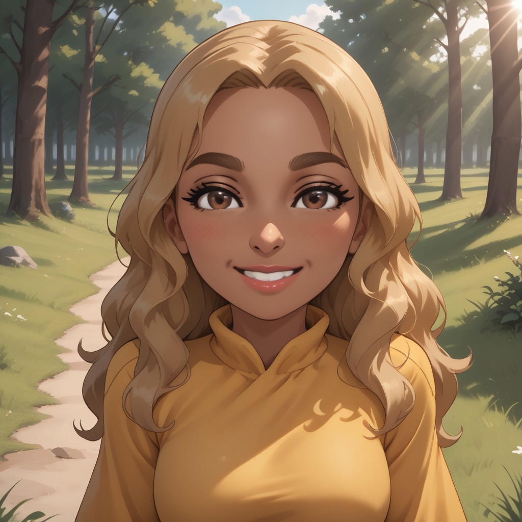 score_9, score_8, BREAK, solo, wii, mii, wii sports, female mii, 1girl, blonde hair, brown eyebrows, brown eyes, black eyeshadow, blush, lips, teeth, dark skin, yellow clothing, white pants, shoes, nintendo mii, modern_mii, classic_mii, breasts, Sara_(Wii_Sports), cute, mature female, sexy pose, smile, outdoors, sunlight, shadows, evening lighting, natural lighting, forest, trees, grass, orange sky, sunset