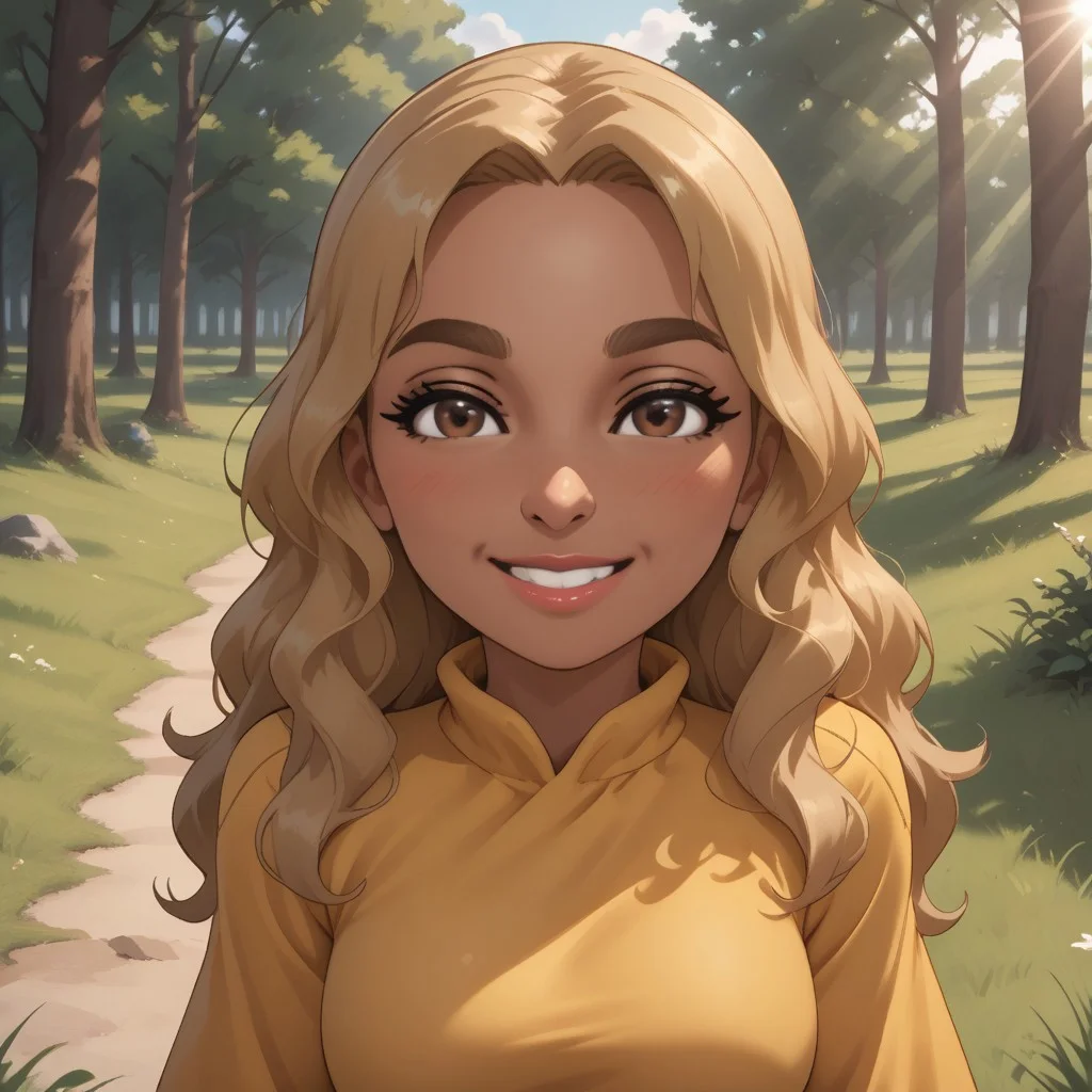 score_9, score_8, BREAK, solo, wii, mii, wii sports, female mii, 1girl, blonde hair, brown eyebrows, brown eyes, black eyeshadow, blush, lips, teeth, dark skin, yellow clothing, white pants, shoes, nintendo mii, modern_mii, classic_mii, breasts, Sara_(Wii_Sports), cute, mature female, sexy pose, smile, outdoors, sunlight, shadows, evening lighting, natural lighting, forest, trees, grass, orange sky, sunset