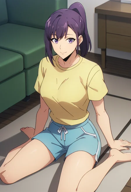 score_9, score_8_up, score_7_up,
<lora:SoloLeveling_SungJinahXL:0.8>, SungJinahSL,
1girl, solo, closed mouth, light smile,
purple hair, purple eyes, ponytail,
JinahHome, yellow shirt, blue shorts, t-shirt,
sitting, on floor, looking at the viewer,
indoors, living room
