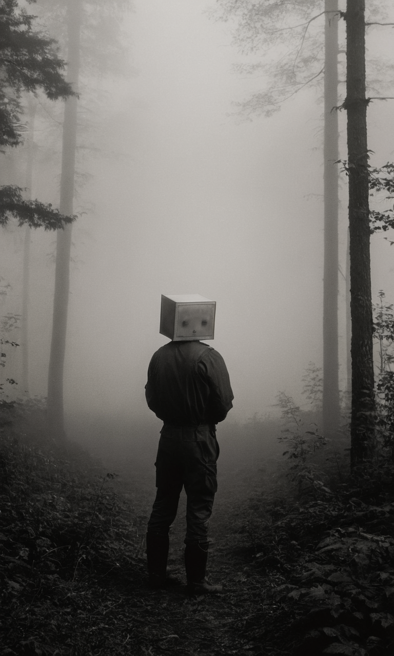 man standing, box head, fog, forest, mist, huleebstyle, monochrome, helmet, dark, <lora:HuleebStyle_v1:0.85>