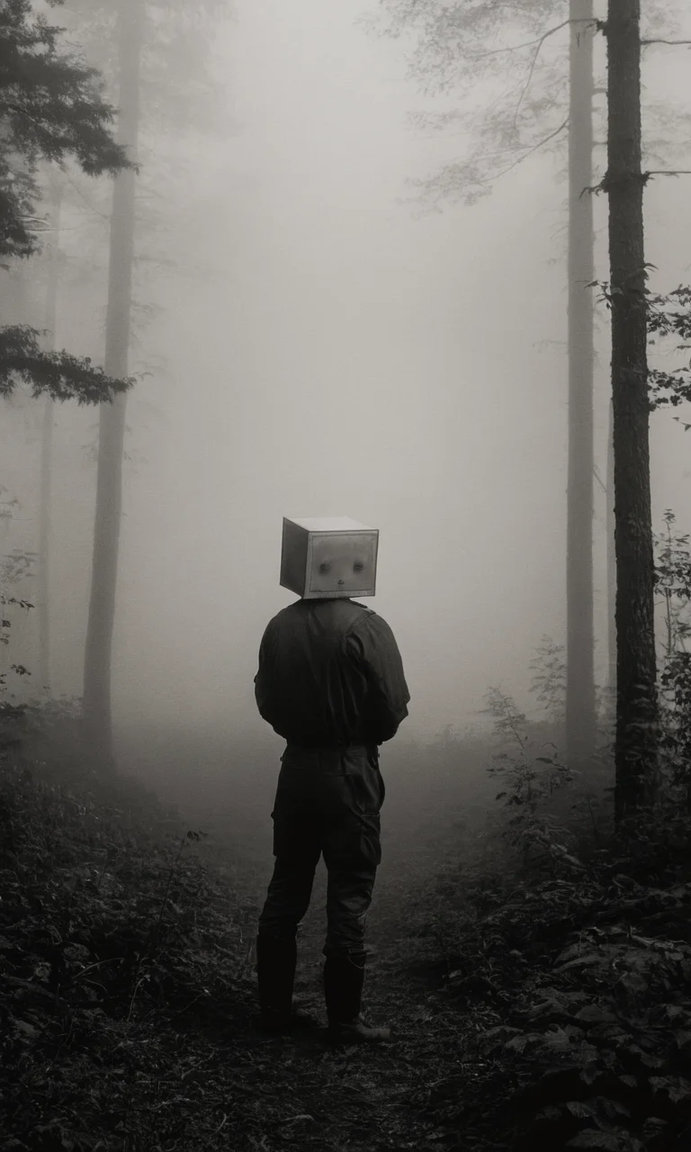 man standing, box head, fog, forest, mist, huleebstyle, monochrome, helmet, dark, <lora:HuleebStyle_v1:0.85>