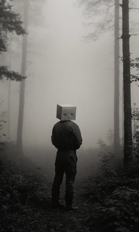 man standing, box head, fog, forest, mist, huleebstyle, monochrome, helmet, dark, <lora:HuleebStyle_v1:0.85>