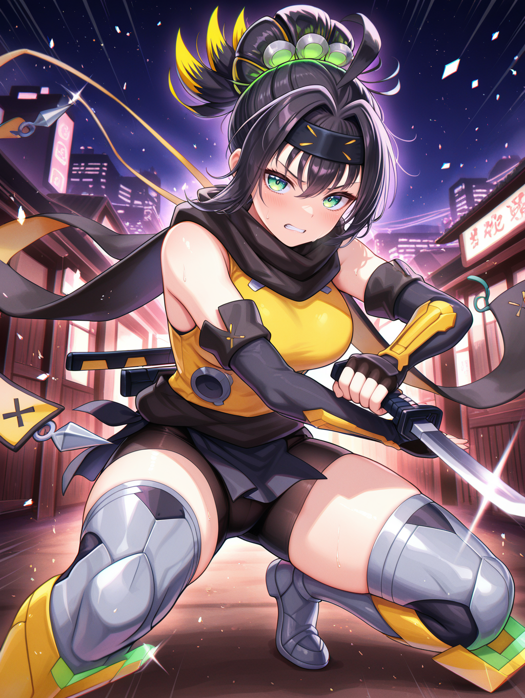 sp little knight,yellow sleeveless shirt,black forehead protector,black fingerless elbow gloves,yellow thigh boots,silver hair ornament,1girl,kunai,solo,fighting stance,glitch,dual wielding,katana,holding katana,looking at viewer,black scarf,holding kunai,black gym shorts,black waist sash,night sky,clenched teeth, sweatdrop, 
masterpiece,best quality,amazing quality,very aesthetic,absurdres,newest,<lora:Sp Little Knight & S-Force Rappa Chiyomaru illusXL v1.1:0.75>,