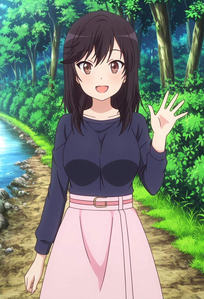general,highres, ultra-detailed,very aesthetic,best quality ,best hands,best eyes,easynegative,
dynamic anglre, dutch angle, anime cloring,anime screencap,
1girl solo,looking at viewer,forest,river,open mouth,smile,waving hand,
Hotaru Ichijou,black hair,long hair,large breasts,brown eyes,shirt,skirt,