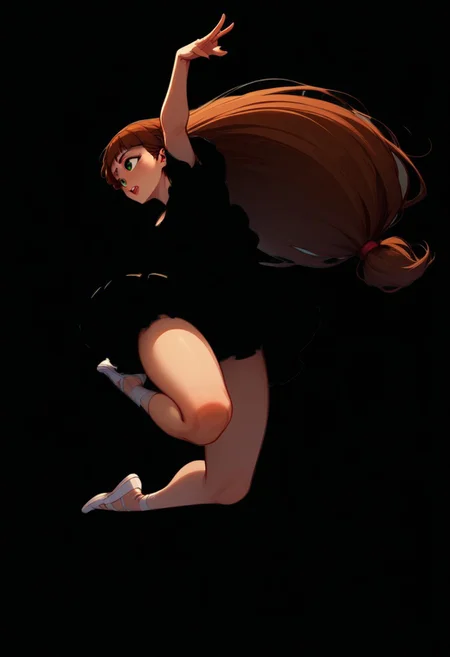 Blend_in, black background, score_9, score_8_up, score_7_up, masterpiece, best quality, absurdres, highly detailed, (high contrast, sidelightning), full body, (from above:0.6), mature, stunning,
BREAK
1girl, solo, imtdlilaross, long hair, low-tied long hair, green eyes, blunt bangs, brown hair, hair tubes, corseted ballerina attire, bell tutu, pitch black clothes, (white ballerina pointes), arabesque, dynamic pose, jumping, stage performance
