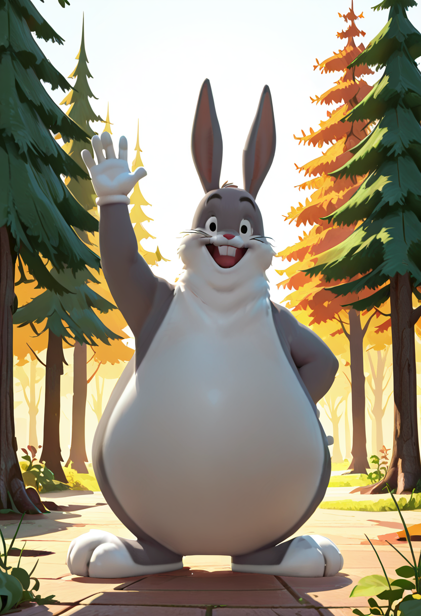 masterpiece, best quality, no humans,   zzBigChungus, smile, tree, waving,  ,<lora:BigChungusIXL:1.0>,