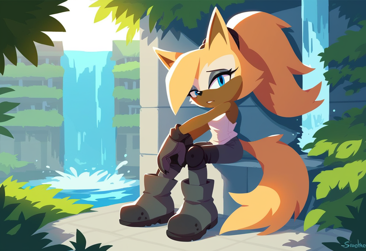 <lora:Whisper_the_Wolf_PonyXL:0.8>, <lora:sonicchannelv22-15:0.9>, score_9, score_8_up, score_7_up, sonic channel (style), 1girl, solo, building, sunlight, waterfall, scenery, whisper the wolf, wolf ears, wolf tail, brown fur, yellow fur, two-tone fur, blue eyes, white tank top, grey leggings, knee pads, grey boots, perfect eyes, stretching,