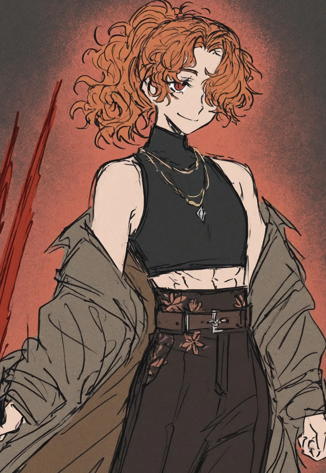 safe_pos, solo, dynamic pose, orange hair, medium hair, ponytail, wavy hair, curtained hair, hair over one eye, red eyes, black shirt, open shirt, exposed chest, sleeveless shirt, turtleneck, cropped shirt, flat chest, abs, necklace, high-waist pants, belt, sword, blood sword, abstract background, abstract element, smile, floral print, jacket off shoulders, sketch