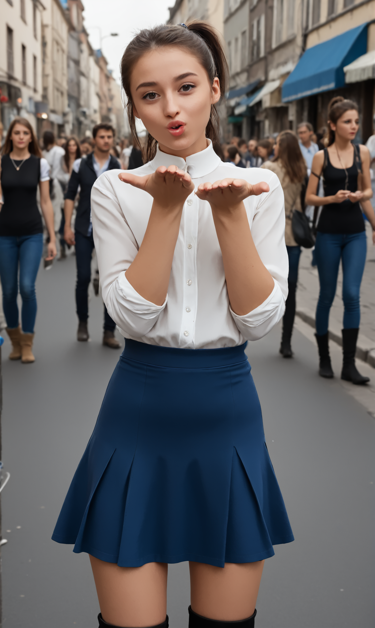 blaiki, wiboha, (slim 25 years old girl) in blue skirt and white blouse  is blowing an air kiss with both hands, standing in a crowded street. black (thigh high boots), necklace,  short brunette ponytail  
  <lora:AirKiss:1>