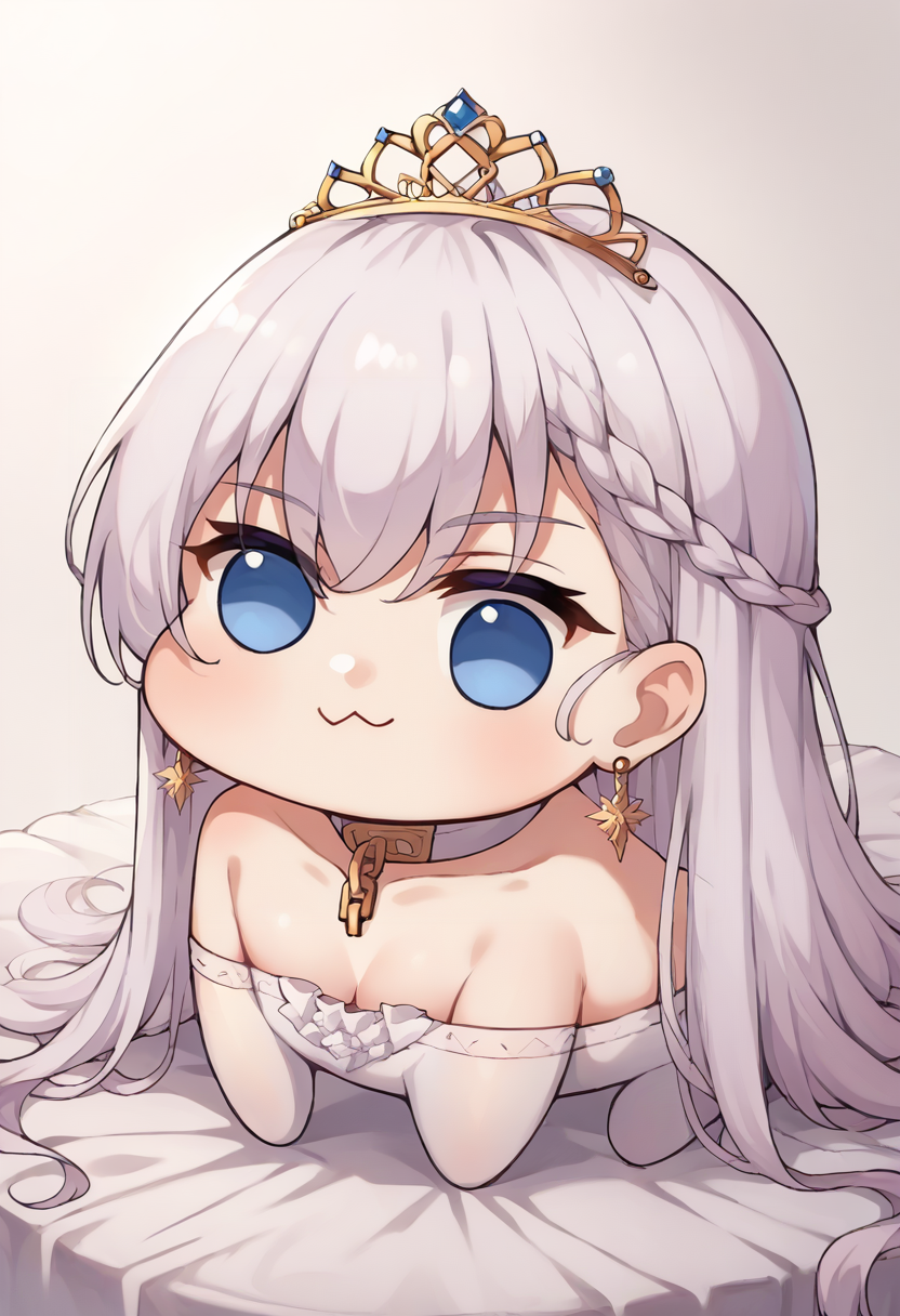score_9, score_8_up, score_7_up, source_anime, <lora:wrenchbelfastthepledgeofcladdagh:0.8>, belpoc, white hair, choker, tiara, broken chain, jewelry, earrings, solo, white background, 
 <lora:Doro_X_PDXL_V1:1> doro, creature, :3, chibi, no humans, white skin, four legs, solid circle eyes, no pupils