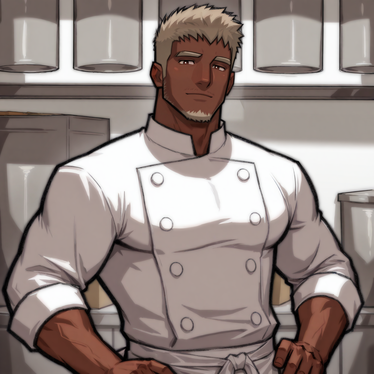 <lora:Humplex_-_Reorik_A.K.A._The_Chef:.7> humplex_chef, Dark skinned male, light brown hair, short hair, thick brows, facial hair, (white chef uniform, white coat, white apron),
(very short hair, beard, bara, mature, facial hair, stubble, beard, full beard, sideburn, beard, a lot of beard, ), facial hair,male focus, muscular male, muscular male, bara, mature,  bara, mature, aixiwuganda_(20222192), very awa, masterpiece, best quality, absurdres, newest, perfect quality, detailed background, intricate details,
<lora:slider_Body Type_alpha1.0_rank4_noxattn_last:3><lora:style_Anime Summer Days 2 Style SDXL_LoRA_Pony Diffusion V6 XL:.6><lora:slider_cfg_scale_boost:.7><lora:face_Artist6p-10:.55>, Artist6p, Artist04p,<lora:slider_il_brightness_slider_d1:-1><lora:slider_il_contrast_slider_d1:-1><lora:slider_DarkSlider1.2_alpha1.0_rank16_full_300steps:-.6>