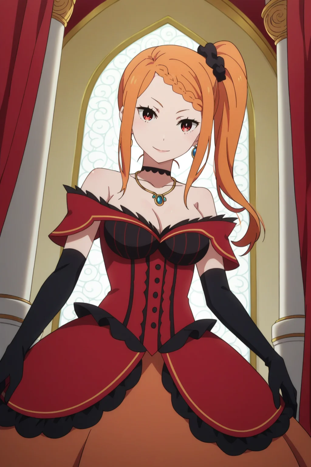 score_9, score_8_up, score_7_up, source_anime, 1girl, prefect lighting, very aesthetic, intricate details, highly detailed background, masterpiece, high quality, prefect hands, best quality, solo,
<lora:Priscilla_Barielle_ReZero_V1:.85>, KJOpriscilla, orange hair, red eyes, braided bangs, side ponytail,
red frilled dress, black choker, necklace, hair ornament, black elbow gloves,
cowboy shot, dutch angle, seductive smile, looking at viewer, head tilt,
ballroom, pillars, curtains,
(Beautiful, medium Breasts:1.2), natural breasts,