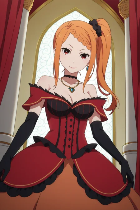 score_9, score_8_up, score_7_up, source_anime, 1girl, prefect lighting, very aesthetic, intricate details, highly detailed background, masterpiece, high quality, prefect hands, best quality, solo,
<lora:Priscilla_Barielle_ReZero_V1:.85>, KJOpriscilla, orange hair, red eyes, braided bangs, side ponytail,
red frilled dress, black choker, necklace, hair ornament, black elbow gloves,
cowboy shot, dutch angle, seductive smile, looking at viewer, head tilt,
ballroom, pillars, curtains,
(Beautiful, medium Breasts:1.2), natural breasts,