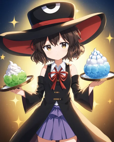 enraku tsubakura,large_hat, androgynous, top_hat, detached_sleeves, red_ribbon, 2others, tray, brown_coat, bow, shaved_ice, skirt, shorts
<lora:enraku_tsubakura_image217_fp16_2024-01-03:1>,star-shaped_pupils,symbol-shaped_pupils,. gorgeous,key visual, vibrant, studio anime,award-winning, professional, highly detailed,high budget, cinemascope