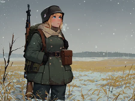 score_9, score_8_up, score_8_up, raw,
1girl, solo, standing, full shot, blonde hair, (blue eyes, cold),
military winter uniform, winter uniform, black helmet, backpack, rifle on backpack,
(snow:1.2), (snowing:1.4), night, field, detailed background, volumetric lighting,
wehr, <lora:incase_v14:1>, <lora:age_slider_v4:-1>, <lora:Wehrmacht_And_Officers__World_War_2:0.9>