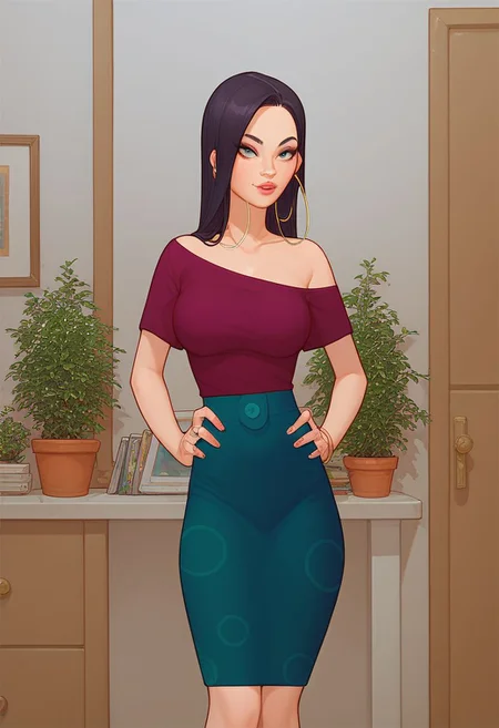 Score_9_up, score_8_up, score_7_up, solo, 1girl, akitasn, black hair, hoop earrings, skirt, off shoulder shirt, hands on hip, Expressiveh