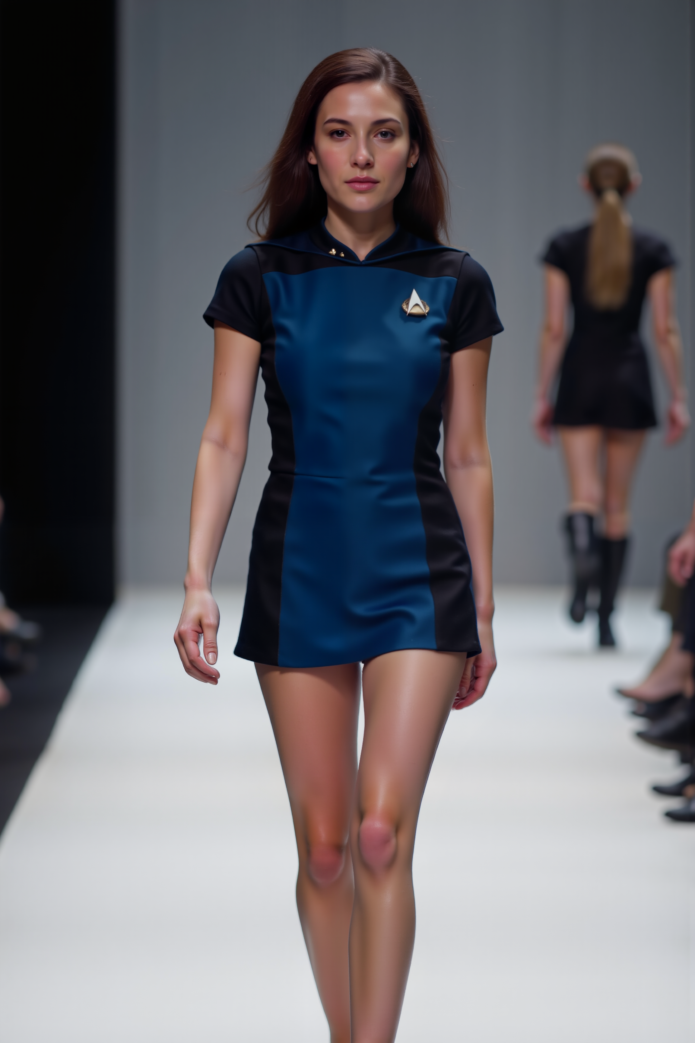 a high quality sharp photo still of stunning spanish woman supermodel wearing blue STSKNT short uniform with black shoulders and sides and with short sleeves walking on a fashion runway.<lora:ST_SKANTV2_FLUX><lora:aidmaMJ6.1-FLUX-V0.1:0.6><lora:Movie_Portrait><lora:Flux DetailerV2>