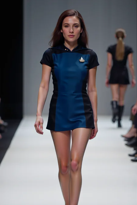 a high quality sharp photo still of stunning spanish woman supermodel wearing blue STSKNT short uniform with black shoulders and sides and with short sleeves walking on a fashion runway.<lora:ST_SKANTV2_FLUX><lora:aidmaMJ6.1-FLUX-V0.1:0.6><lora:Movie_Portrait><lora:Flux DetailerV2>
