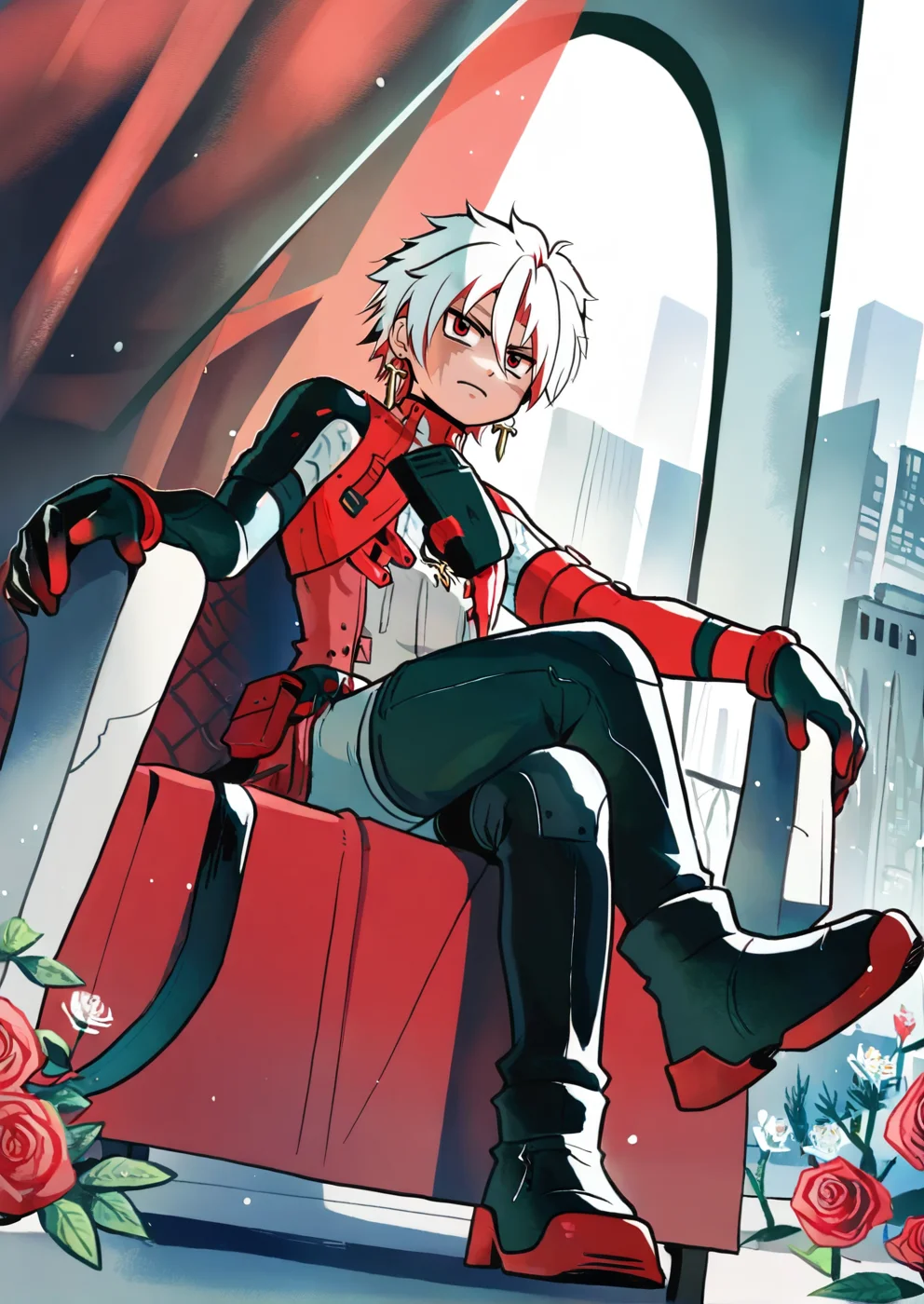1boy,solo,masterpiece,best quality,amazing quality,realistic,cosplay,yunamaro,fuzichoco,nekotoufu,rinotuna,rariatto \(ganguri\),xinzoruo,hekiga \(freelot\),fuya \(tempupupu\),
full body,city scenery outside the window,rooftop,belt,from below,sitting on chair,roses,blood,legs crossed,
<lora:ScarLoraNoob:1>,scar_(wuthering_waves),1boy,male focus,short hair,earrings,red hair,multicolored hair,white hair,bodysuit,grey bodysuit,gloves,official alternate costume,scar on face,grey eyes,red eyes,