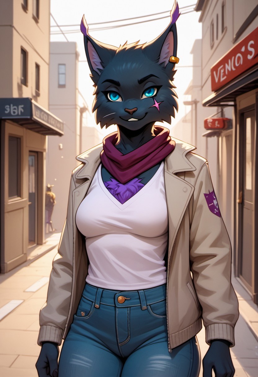 Score_9, score_8_up, score_7_up, score_6_up, sscore_5_up, FMIXF, 1girl, solo, vnm358, anthro cat, cat, cat ears, feline, black fur, ear piercing, blue eyes, purple markings, scar, scar on cheek, purple chest tuft, jacket, scarf, jeans, medium breasts, athletic female, thick thighs, smirk, lidded eyes, standing, street