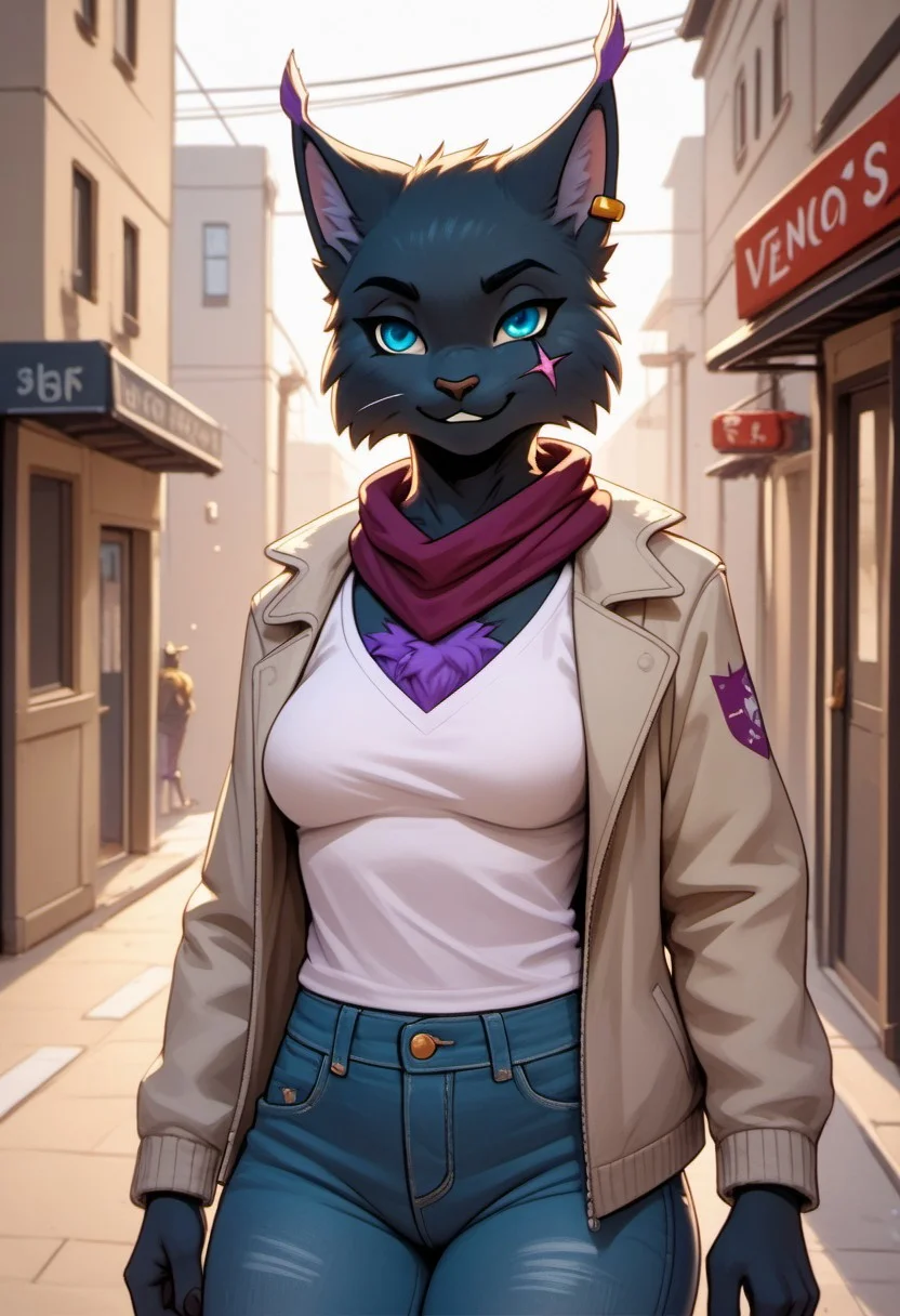 Score_9, score_8_up, score_7_up, score_6_up, sscore_5_up, FMIXF, 1girl, solo, vnm358, anthro cat, cat, cat ears, feline, black fur, ear piercing, blue eyes, purple markings, scar, scar on cheek, purple chest tuft, jacket, scarf, jeans, medium breasts, athletic female, thick thighs, smirk, lidded eyes, standing, street