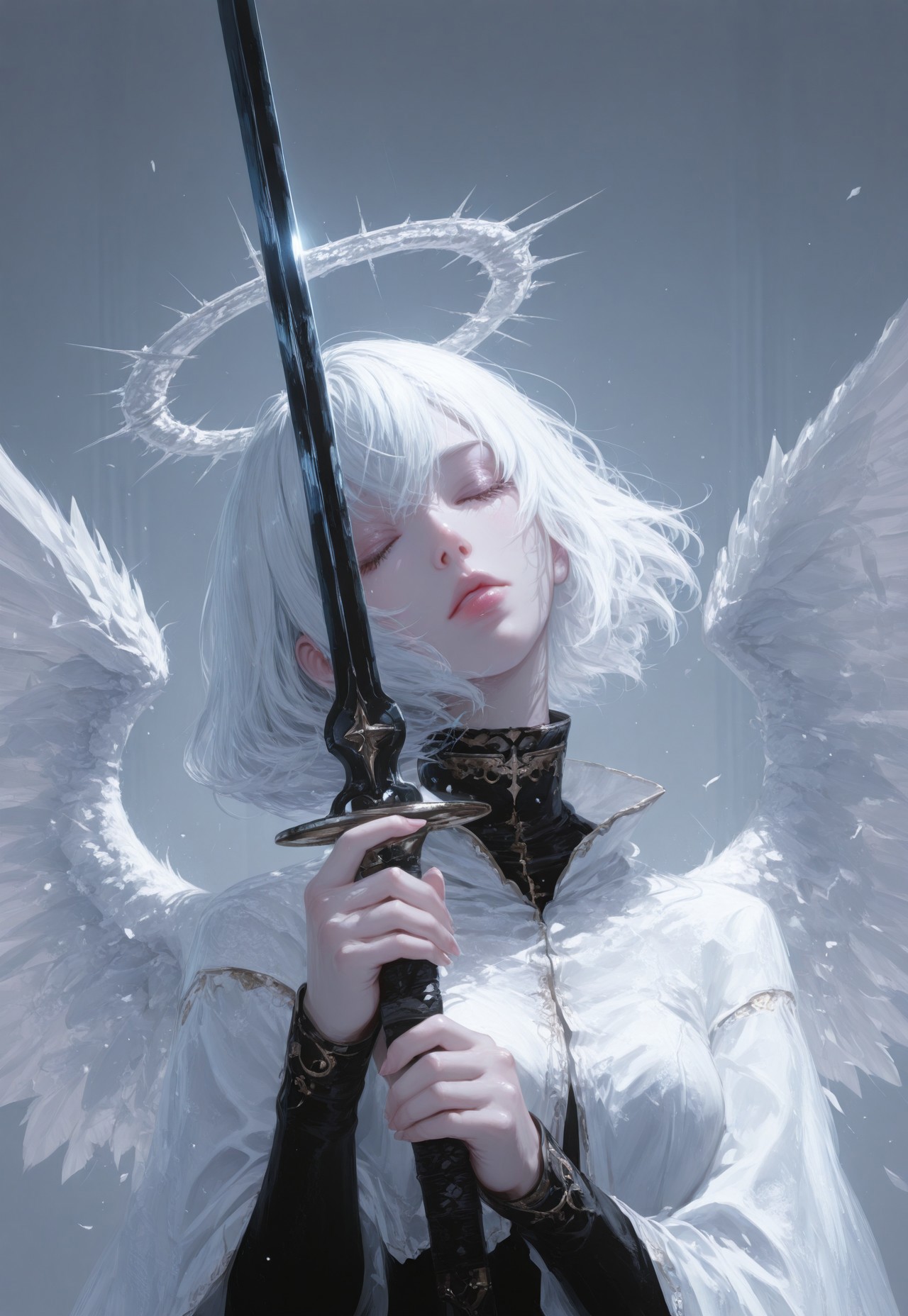 aetrns2, weapon, solo, sword, 1girl, white hair, holding, holding weapon, halo, holding sword, wings, upper body, angel, short hair, lips, detailed lighting, low contrast, cover, masterpiece, best quality, beautifully drawn, elegantly detailed, 8k, newest