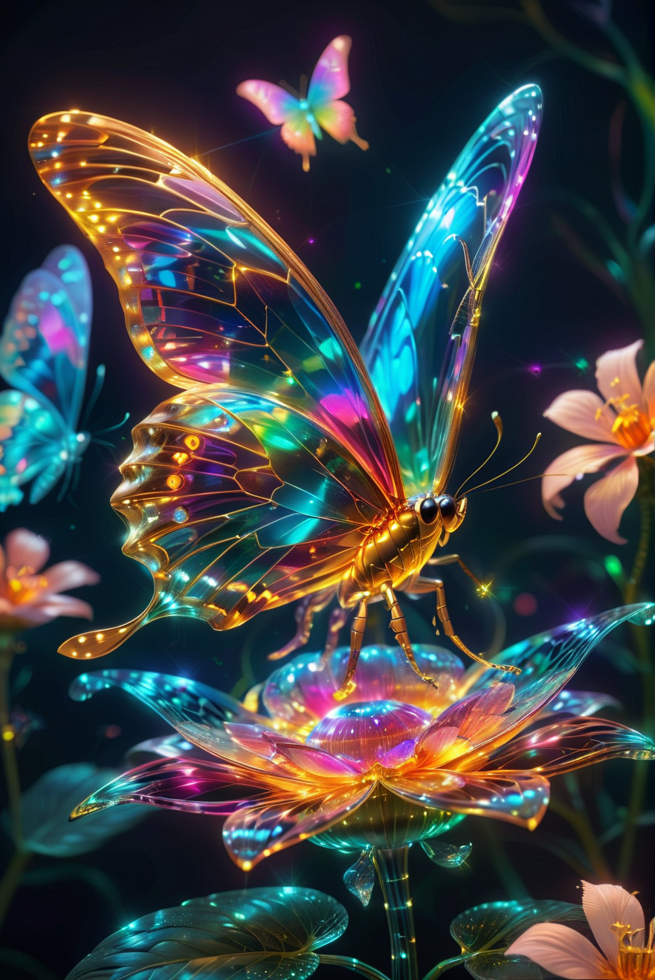 Freshideas Levitation, Holographic butterfly, Holographic flower, Wireframe Hologram, 3D,
A close-up of a vibrant, colorful crystal flower with intricate, detailed petals. A delicate butterfly rests on the flower, its wings displaying a spectrum of iridescent colors. The background is softly blurred, creating a dreamy, surreal, and magical atmosphere that enhances the focus on the crystal flower and butterfly. The scene captures the essence of a fantastical, otherworldly garden, with the hyper-realistic details of the flower and butterfly bringing the image to life.
<lora:20240614-1718326897684:1.0>,
<lora:add-detail-xl:1.0>,
<lora:EnvyBetterHiresFixXL01:1.0>,
<lora:extremely_detailed:1.0>, extremely detailed,
<lora:EldritchMixIllustration_1.1:0.25>,
<lora:SDXLFaeTastic2400:0.6>,