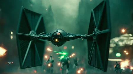 cinematic film still of <lora:star wars style v2:0.2>
<lora:detailed:0.4> detailed
<lora:perfection style:0.4> perfect
<lora:Chiaroscuro Lighting Style:0.2>
<lora:TIE fighter:1>
TIE fighter a star wars tie fighter flying through a city,military,no humans,night,star (sky),flying,science fiction,realistic,aircraft,space,vehicle focus,spacecraft , star wars style, battle, laser beam from tie fighter, green weapon, burstfir, shallow depth of field, vignette, highly detailed, high budget, bokeh, cinemascope, moody, epic, gorgeous, film grain, grainy