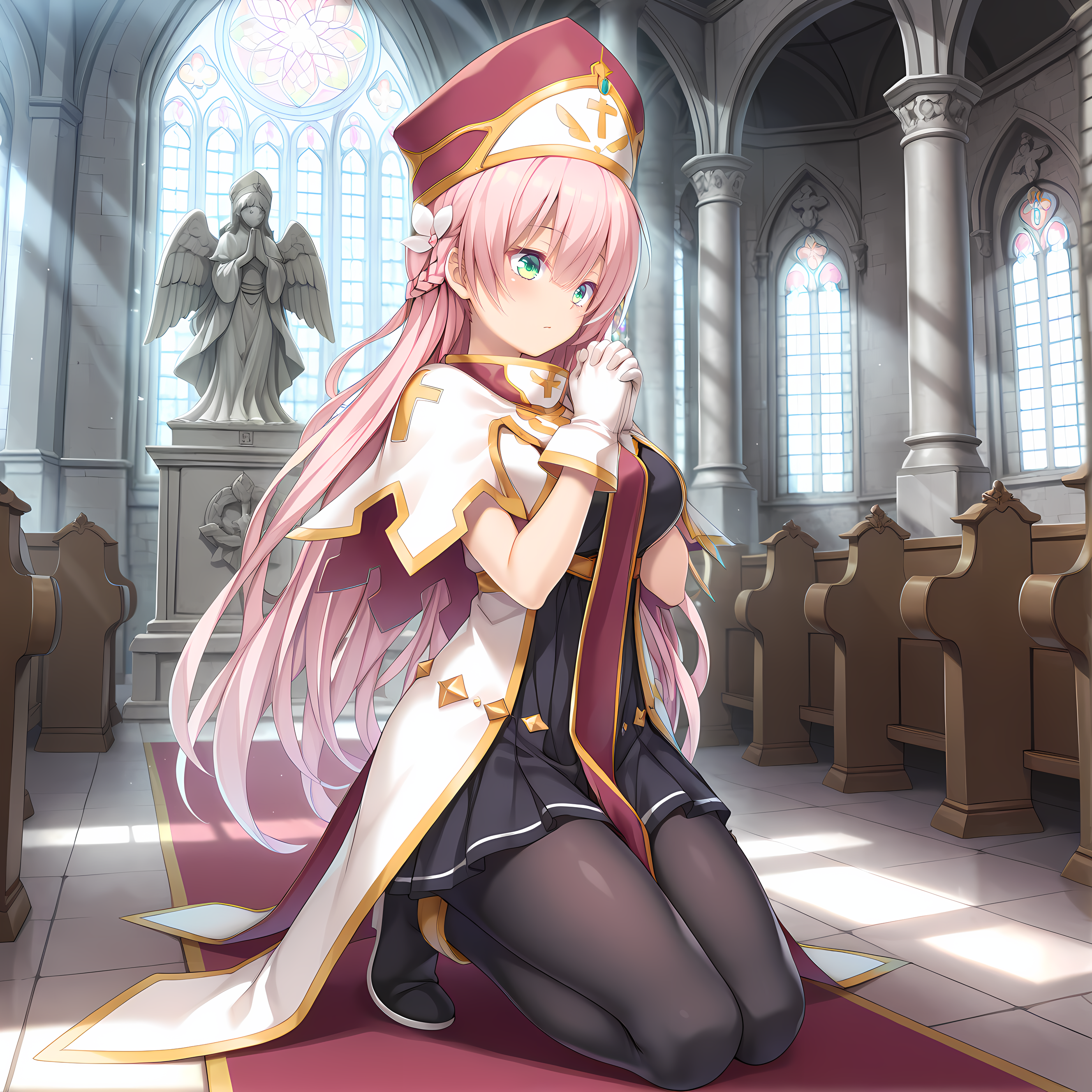 <lora:Terese_Elminaãã¬ãµã¨ã«ããã¢_-_Escude_-_Hime_to_Aiyoku_no_Sacrifice:0.8>,solo,terese,pink hair,long hair,braid,green eyes,hair between eyes,bangs,hair flower,large breasts,base outfit,white gloves,mitre,pantyhose,indoors,cathedral,dappled sunlight,moonlight,full moon,glass ceiling,stained glass,angel statue,shrine,sparkling aura,kneeling,praying,from side,altar,podium,pew,, masterpiece,best quality,amazing quality, very aesthetic, absurdres,detailed eyes,ultra-detailed,