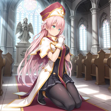 <lora:Terese_Elminaãã¬ãµã¨ã«ããã¢_-_Escude_-_Hime_to_Aiyoku_no_Sacrifice:0.8>,solo,terese,pink hair,long hair,braid,green eyes,hair between eyes,bangs,hair flower,large breasts,base outfit,white gloves,mitre,pantyhose,indoors,cathedral,dappled sunlight,moonlight,full moon,glass ceiling,stained glass,angel statue,shrine,sparkling aura,kneeling,praying,from side,altar,podium,pew,, masterpiece,best quality,amazing quality, very aesthetic, absurdres,detailed eyes,ultra-detailed,