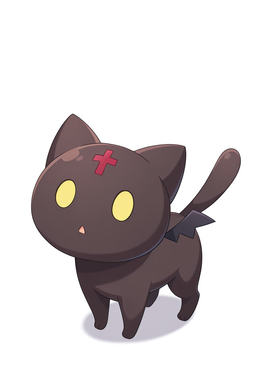 masterpiece, best quality, amazing quality, solo, (cat:1.2), small tail, Chomusuke-Liver020, brown cat, yellow eyes, brown cat, black cat, no human, red cross, animal, animal focus, cat focus, bat wings, small tail, white background, simple background, KonosubaFantasticDays-Liver020, chomosuke