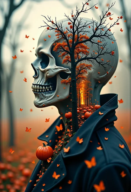 aidmaimageupgrader, Jeddblexpsre,double exposure, Create a double exposure composition that blends eerie Halloween themes with surreal, dreamlike imagery.