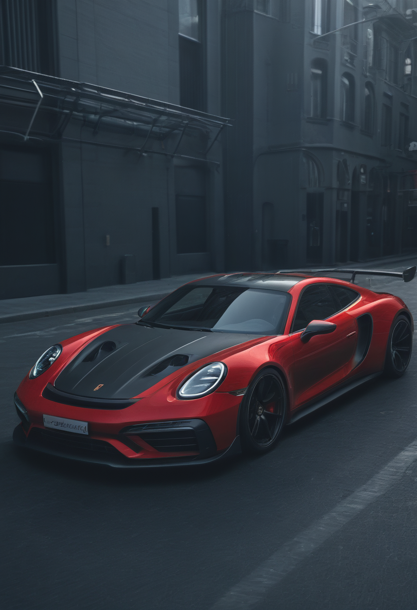 Techwear fashion porche,<lora:CHV-Zoom:1>,Cornelisz Hendriksz Vroom vehicle,car,jester [1],red car [2], . Futuristic, cyberpunk, urban, tactical, sleek, dark, highly detailed