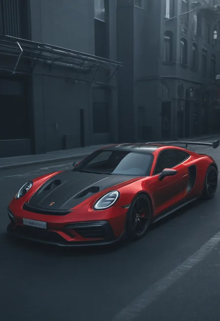 Techwear fashion porche,<lora:CHV-Zoom:1>,Cornelisz Hendriksz Vroom vehicle,car,jester [1],red car [2], . Futuristic, cyberpunk, urban, tactical, sleek, dark, highly detailed