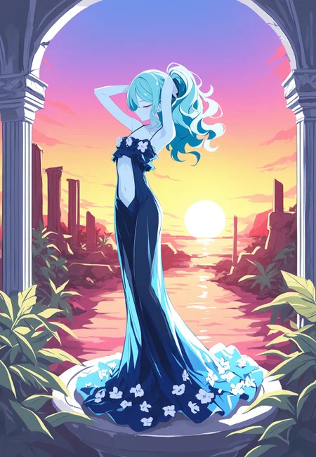 masterpiece, best quality, amazing quality, very aesthetic, absurdres, newest, 8k, detailed background, hebitsukai_illu, ma1ma1helmes_b_illu,sketch,
BREAK,
1girl, light blue skin, flower shoulders, flower clothing, dark blue dress, short teal hair, wavy hair, shimmering clothing, translucent, flowing clothing, exposed shoulders, midriff, on pedestal, standing, hands behind head, facing down, facing to the side, BREAK, vibrant backdrop, tropical foliage, ancient ruins, brilliant sunset, serene, colorful, detailed background, dramatic lighting, depth of field, volumetric lighting