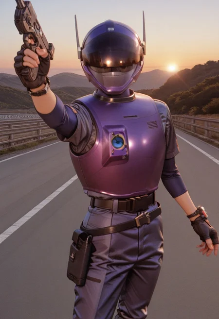 solo, 1girl, cowboy shot , closed visor,
purpl3sw4t, looking at viewer, smile, BREAK
purpl3sw4t, purple_turtleneck, helmet, purple, armor, fingerless_gloves, uniform_shirt, blue_sleeves, watches, belt, boots, holster, raised one hand, holding gun, PS_gun,
outdoors, road, sunset, dramatic lighting
