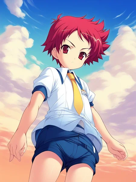 score_9, score_8_up, score_7_up, source_anime, rating_explicit, BREAK <lora:Tsurumi_Tsubasa_Ver2.0_XL:1> TsurumiTsubasa, 1boy, solo, short hair, red hair, red eyes,
shorts, Yellow necktie,
outdoor, day, sky,
slant eyes, serious,
looking at viewer,
cowboy_Shot,