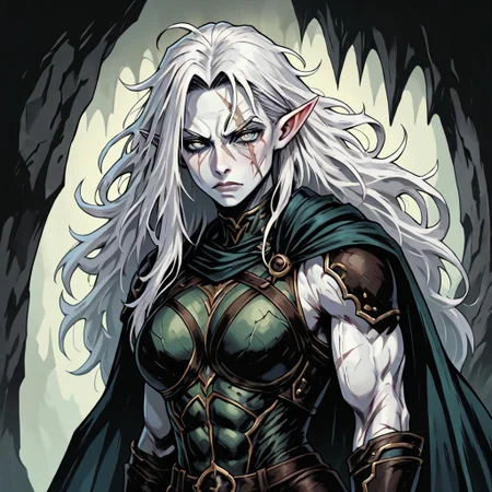 masterpiece, best quality, newest, absurdres, highres, FCMXV1.0, 1girl, pale, white skin, colored skin, pale skin, elf, pointy ears, muscular woman, armor, cape, leather armor, scar, scars on face, white hair, long hair, messy hair,