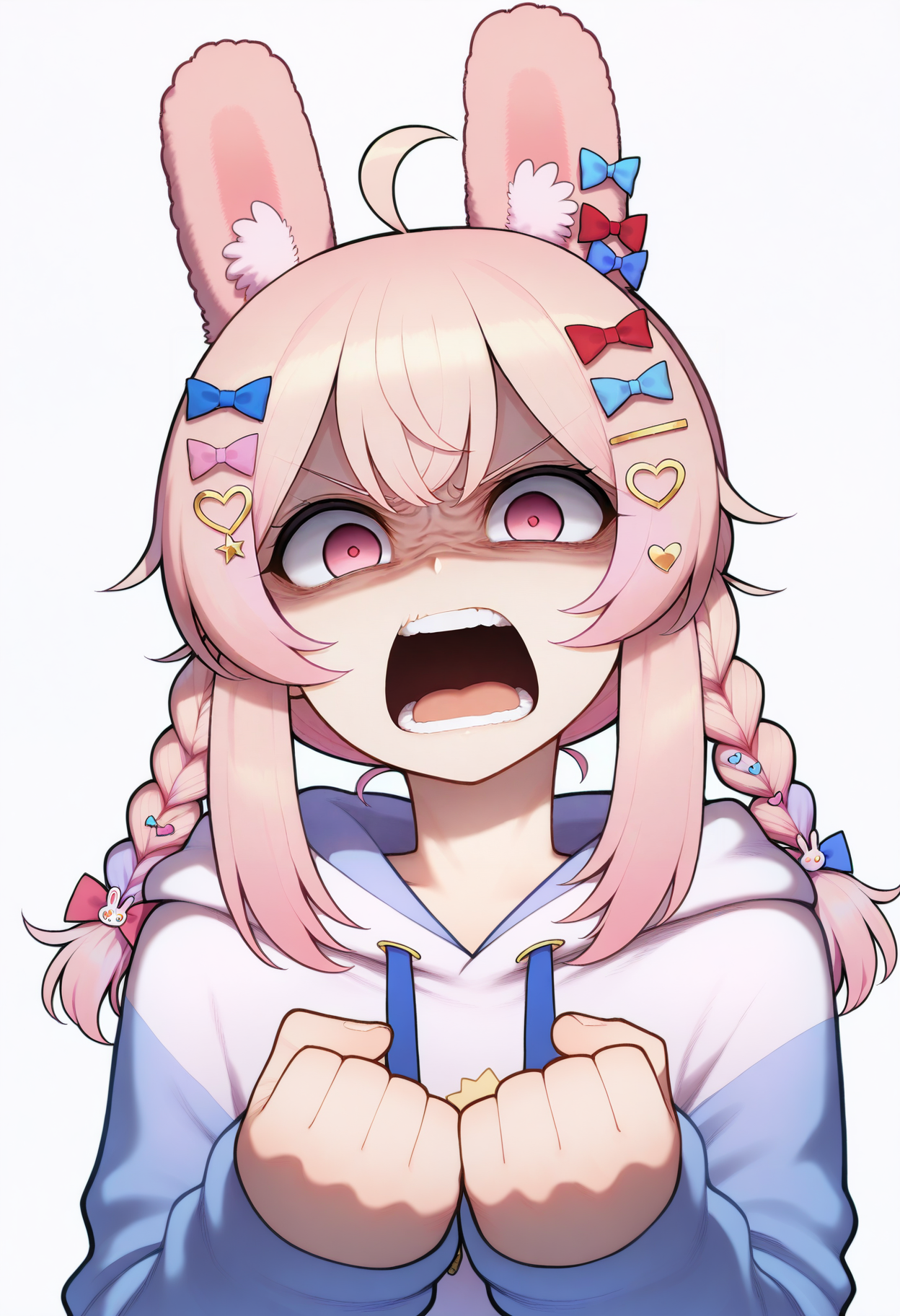 masterpiece, best quality, good quality,
pipkin pippa, hair ornament, braid, 1girl, animal ears, hoodie, pink hair, star (symbol), bow, hood, rabbit ears, heart hair ornament, solo, ahoge, star hair ornament, pink eyes, virtual youtuber, open mouth, blue bow, rabbit hair ornament, hair bow, hood down, white background, twin braids, long hair, rabbit girl, heart, teeth, upper body, drawstring, sidelocks, simple background, pink bow, red bow, v-shaped eyebrows, white hoodie, angry, ear bow, disgust, looking at viewer, jacket, animal ear fluff
<lora:merratatustle_illustrious_v1_vpred:1>