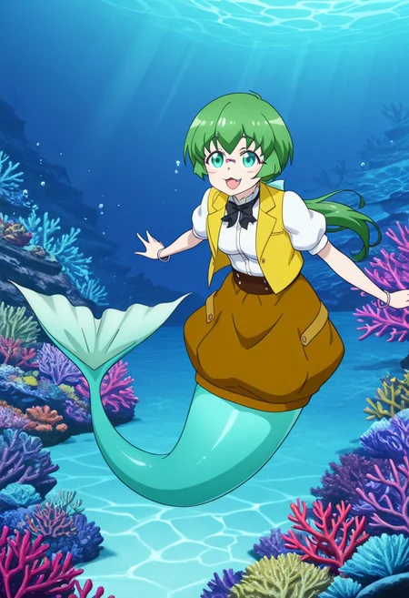 score_9, score_8_up, score_7_up, score_6_up, high resolution, gorgeous, absurdres, best quality, anime screencap, source_anime, official art, 1girl, Coda, green hair, green eyes, long hair, ponytail, hair ribbon, glasses, medium breasts, monster girl, mermaid, mermaid tail, green tail, white shirt, short puffy sleeves, bowtie, frills, yellow vest, brown skirt, bracelet, full body, underwater, coral reef, caustics, smile, curious pose, :3, single fang, open mouth
