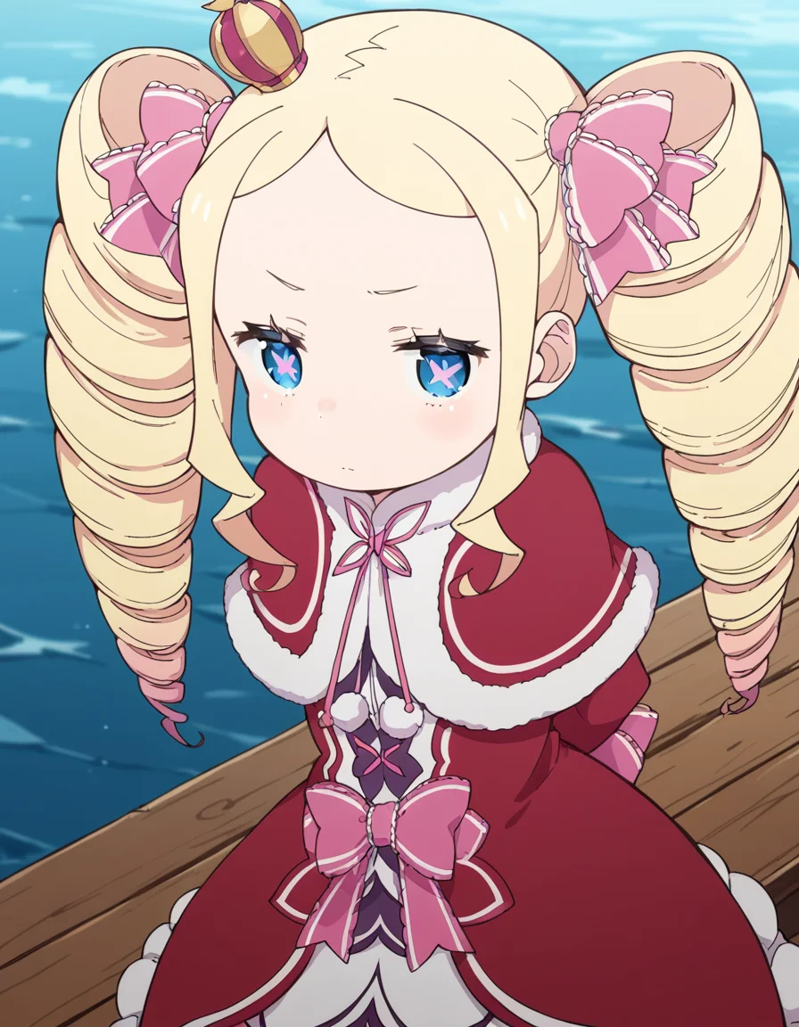 score_9, score_8_up, score_7_up, source_anime, <lora:rezero-beatrice-s3-p1-ponyxl-lora-nochekaiser:1>, beatrice, long hair, blue eyes, blonde hair, twintails, hair ribbon, sidelocks, symbol-shaped pupils, drill hair, twin drills,, dress, ribbon, fur trim, capelet, crown, mini crown, red capelet, frills, bowtie,, pier, wood, water, fishing, dock, , hands behind back, bent over,, looking at viewer, solo,, dutch angle, cowboy shot