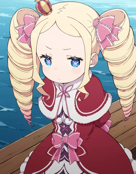 score_9, score_8_up, score_7_up, source_anime, <lora:rezero-beatrice-s3-p1-ponyxl-lora-nochekaiser:1>, beatrice, long hair, blue eyes, blonde hair, twintails, hair ribbon, sidelocks, symbol-shaped pupils, drill hair, twin drills,, dress, ribbon, fur trim, capelet, crown, mini crown, red capelet, frills, bowtie,, pier, wood, water, fishing, dock, , hands behind back, bent over,, looking at viewer, solo,, dutch angle, cowboy shot