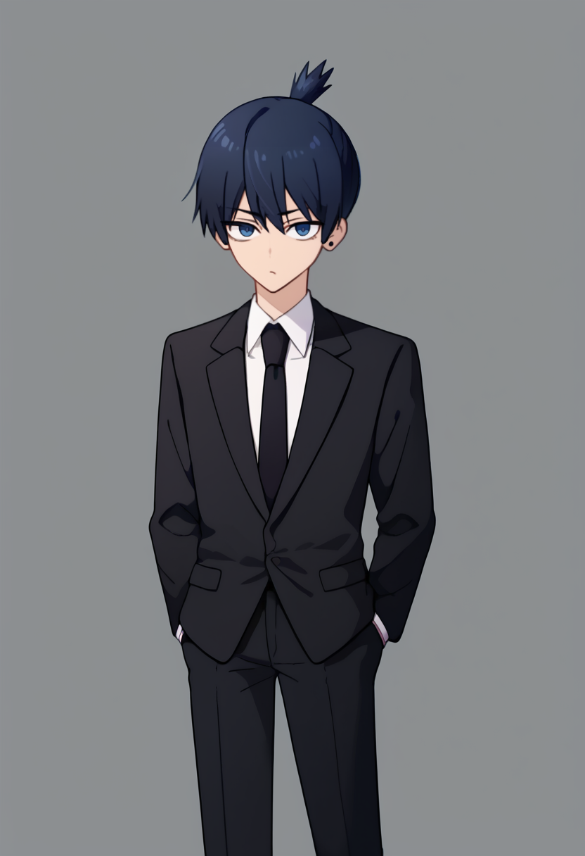 score_9, score_7_up, <break> simple background, grey background, solo, male focus, 1boy, hayakawa aki, expressionless, looking at you, standing, hands in pockets, black hair, topknot, blue eyes, formal, black suit, black jacket, suit jacket, long sleeves, white shirt, collared shirt, black necktie, black pants, stud earrings
 <segment:yolo-face_yolov8m.pt,0.4,0.5//cid=1>