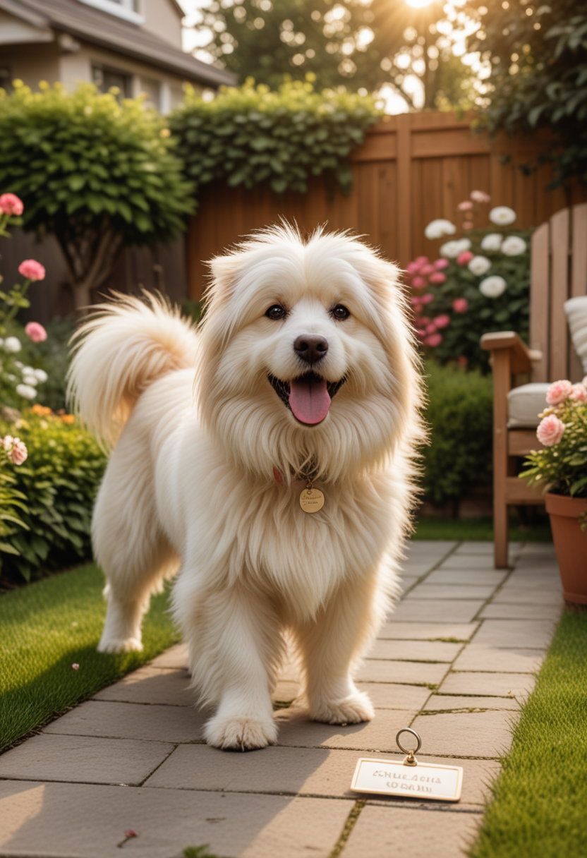 (medium full shot) of (curious dog) with cream long fur, a shiny name tag, performing chasing its tail, set in  a cozy backyard, with a small garden, a few flowers, a comfortable lawn chair, and a dog lying in the sun, in the evening, Masterpiece,best quality, photo, realistic, very aesthetic,