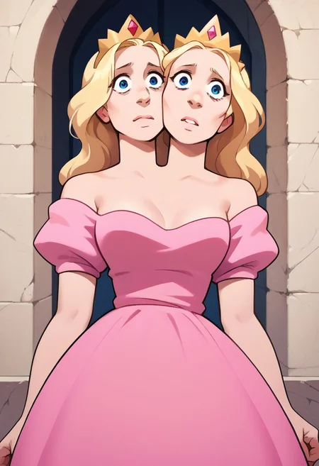 score_9, score_8_up, score_7_up, score_6_up, score_5_up,  <lora:st3v3nXLP:1> st3v3n, princess, puffy sleeves,cleavage, solo, medium breasts, off-shoulder pink dress, 1girl with twoheads, long hair, blonde hair, blue eyes, indoors, castle, 2heads