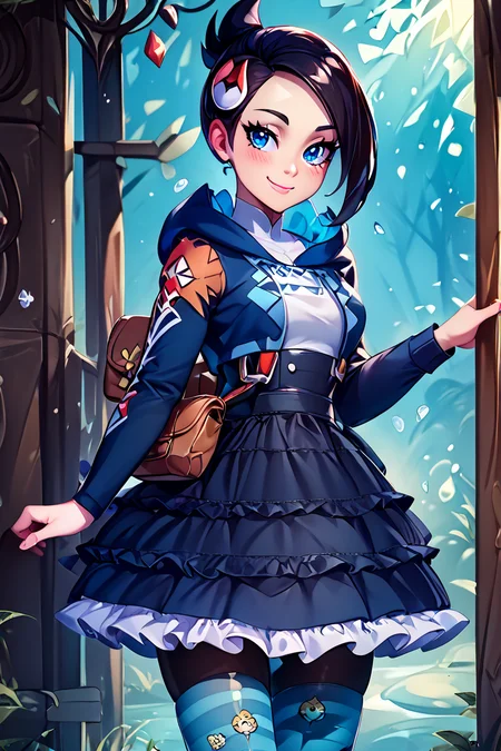 score_9, score_8_up, score_8, medium breasts, (curvy), cute, eyelashes, BREAK, , zzMai, black hair, blue eyes, mole, mole under mouth, short hair, eyelashes, black footwear, black skirt, boots, brown bag, character print, diamond clan outfit, hood, hood down, jacket, pantyhose, pouch, print pantyhose, skirt, long sleeves, <lora:MaiPokemon_PDXL:0.8>, , BREAK, closed mouth, alternate costume, smile, looking at viewer, blush, zzLFashion, frilled dress, frills, bow, dress, striped thighhighs, sweetL, cowboy shot, embedding:zPDXL, Expressiveh, <lora:Vivid:0.7>, <lora:LFashionPDXL:1>, <lora:Uncensored_PonyXL_cpt_v02.09:0.4>, <lora:Expressive_H-000001:0.4>,
