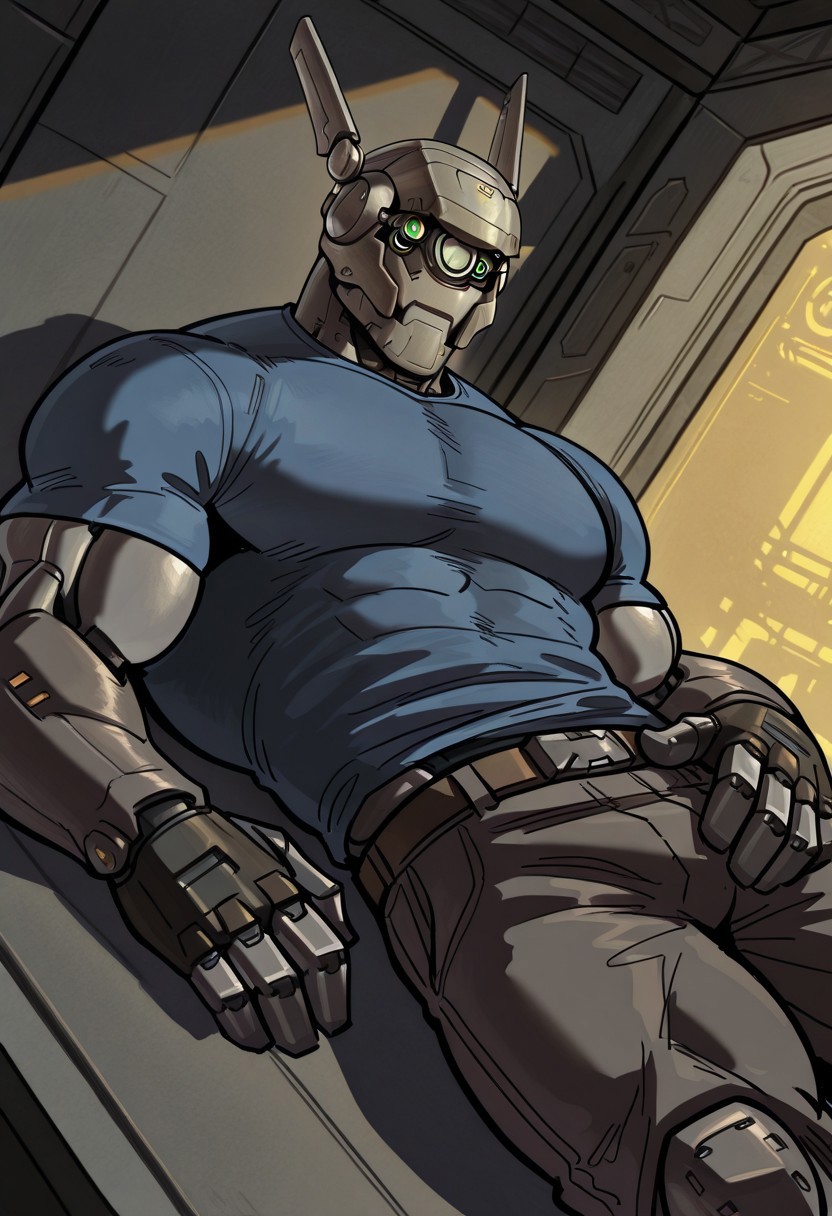 br1areos,robot,perfect quality, best quality,detailed, perfect anatomy, masterpiece, highres,solo,muscular,bara,shirt,cozy,lying,aftermoon,(futuristic:1.1),light and shadow,tracing light,detailed environment,cinematic,dutch angle,looking at the viewer