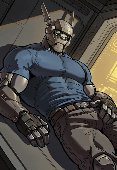 br1areos,robot,perfect quality, best quality,detailed, perfect anatomy, masterpiece, highres,solo,muscular,bara,shirt,cozy,lying,aftermoon,(futuristic:1.1),light and shadow,tracing light,detailed environment,cinematic,dutch angle,looking at the viewer