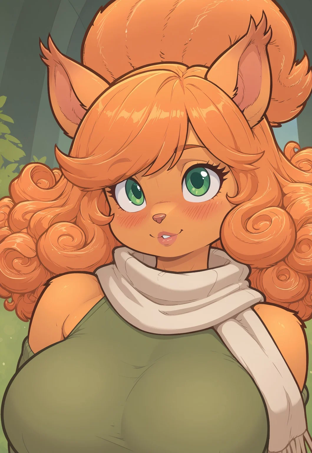 masterpiece, best quality, amazing quality, very aesthetic, high resolution, ultra-detailed, absurdres, newest, close up, solo, ((beautiful anthro, (hazelnutt, squirrel), green eyes, orange fur, orange hair, two tone fur, squirrel ears,)), furry, (female), (detailed eyes), (sexy lips), blushing, ballroom background, , large breasts, portrait, cute pose, detailed face, curly hair, black textured turtleneck, skindentation, fluffy white scarf